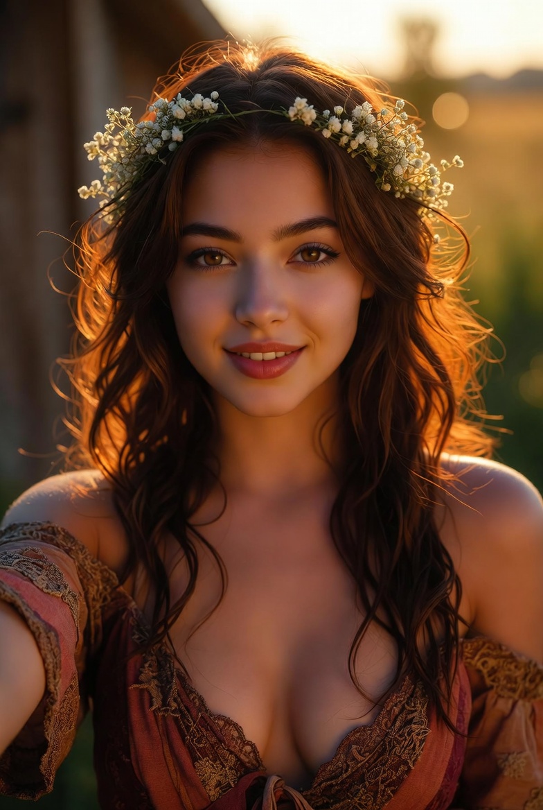 DJ Luna Bloom wearing a flower crown at golden hour